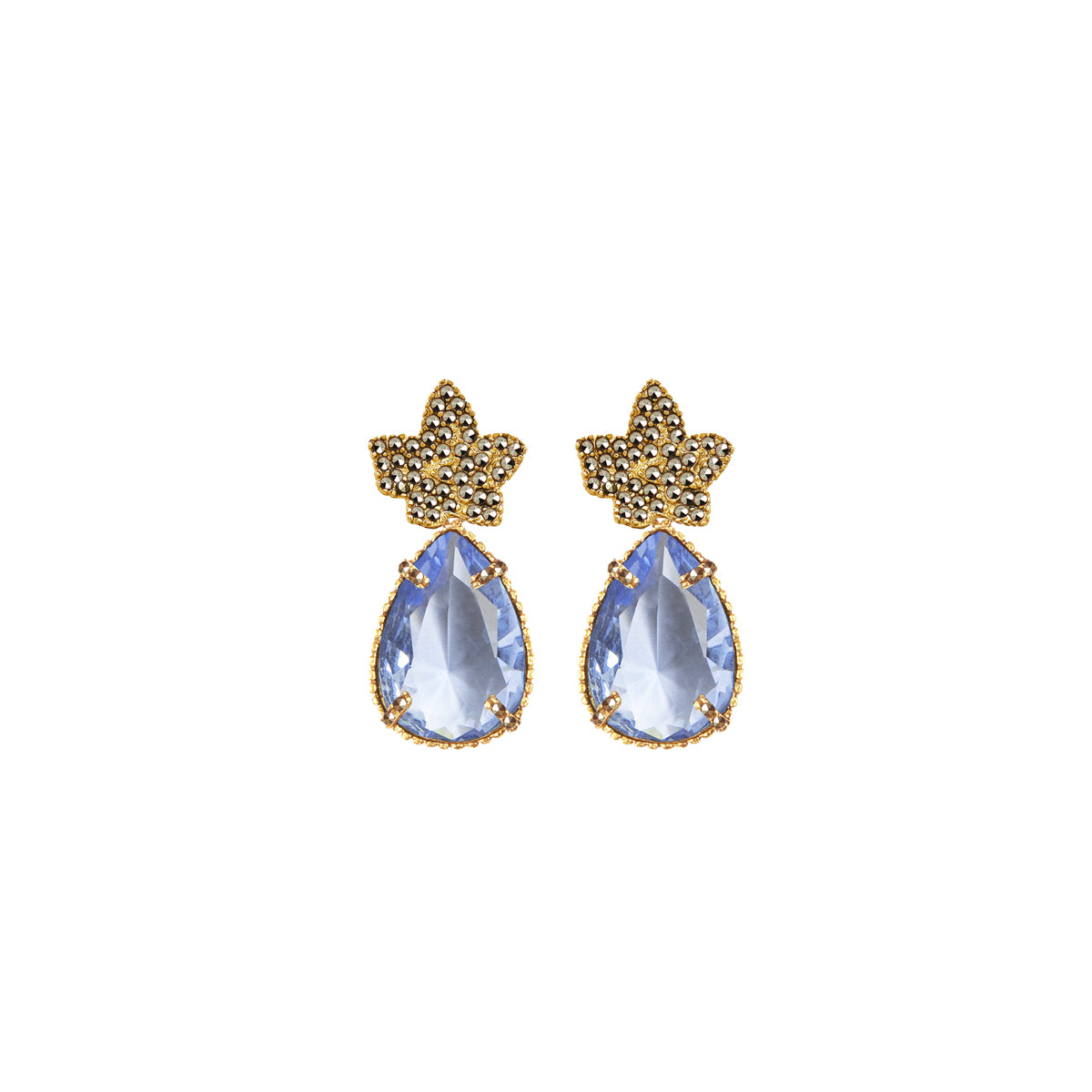 COMBO Hoja Gold Drop Clásico azul, Drop mini square y Drop briolette (LIMITED) Arete + Drop de Joyería Regina Castillo