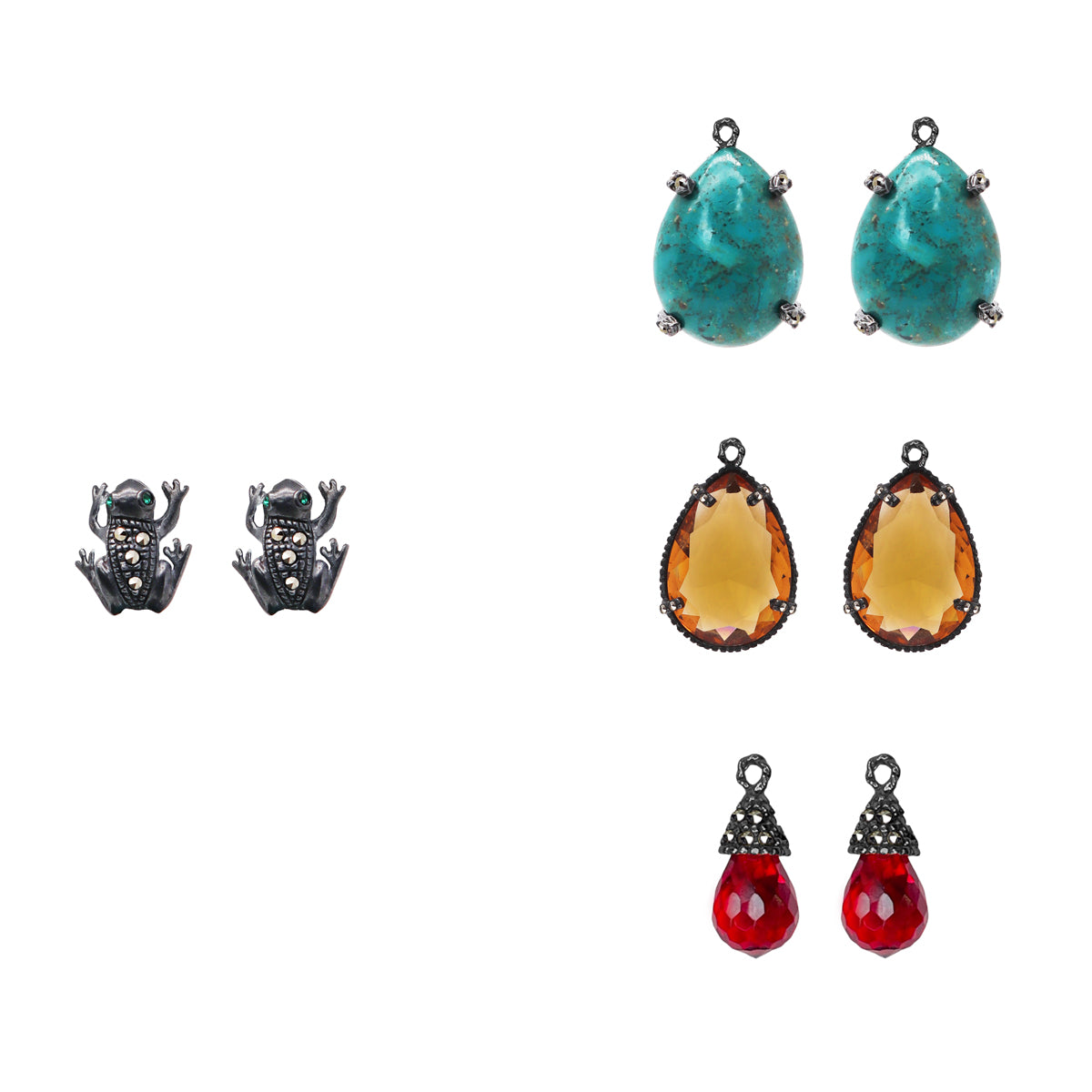 COMBO ARETE RANA PAV + DROP CLÁSICO CH AMBAR, DROP CHRYS PAV, DROP BRIOLETTE PAV ROJO Arete + Drop de Joyería Regina Castillo
