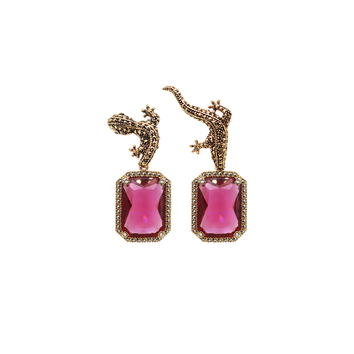 COMBO ARETE SALAMDRA GOLD + DROP TRAPEZ JADE AZUL, DROP FUT GOLD AMARILLO, DROP SQUARE GOLD ROSA Arete + Drop de Joyería Regina Castillo