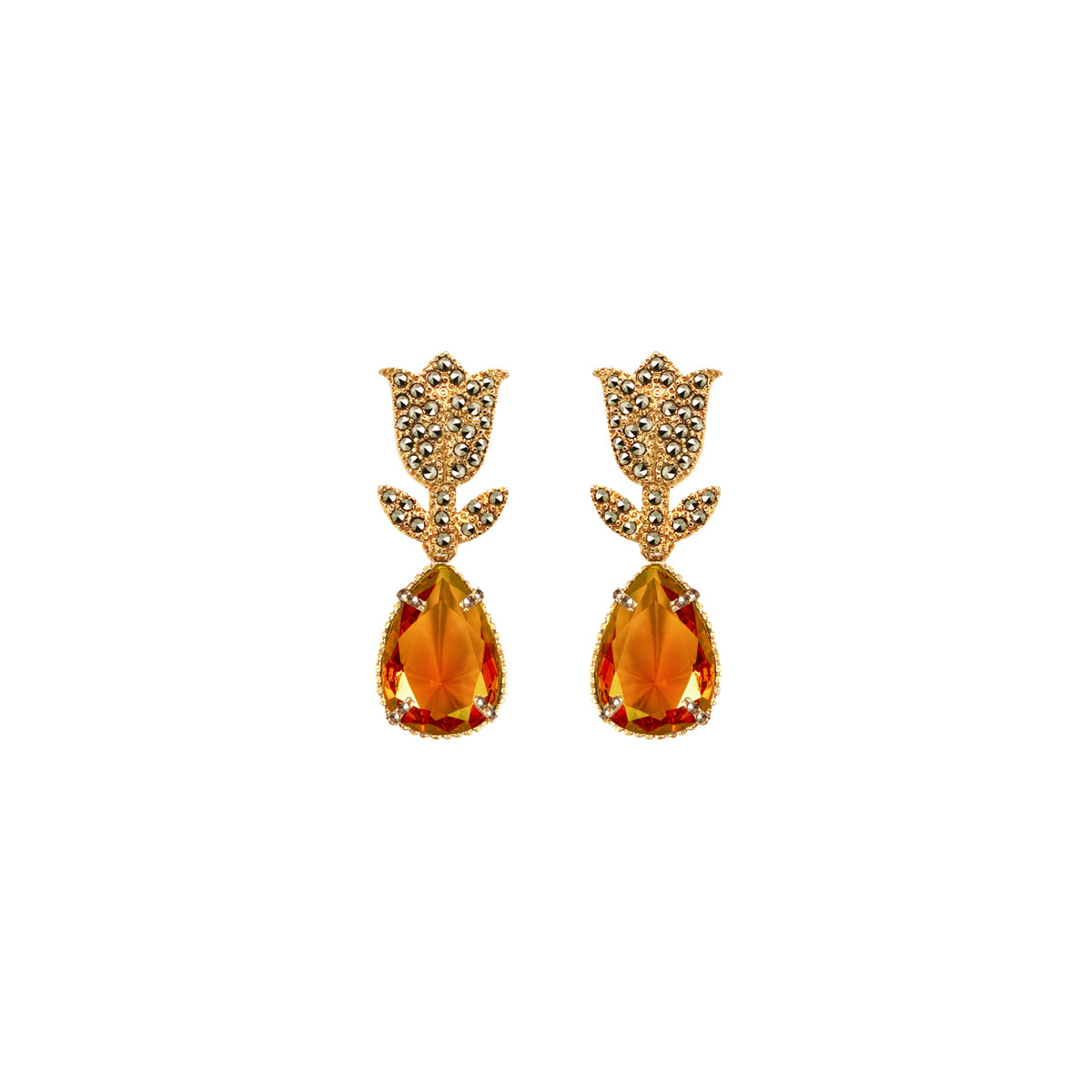 COMBO Tulip Gold con Drop Clásico Ámbar, Drop Calado chino y Drop Clásico rojo (LIMITED) Arete + Drop de Joyería Regina Castillo