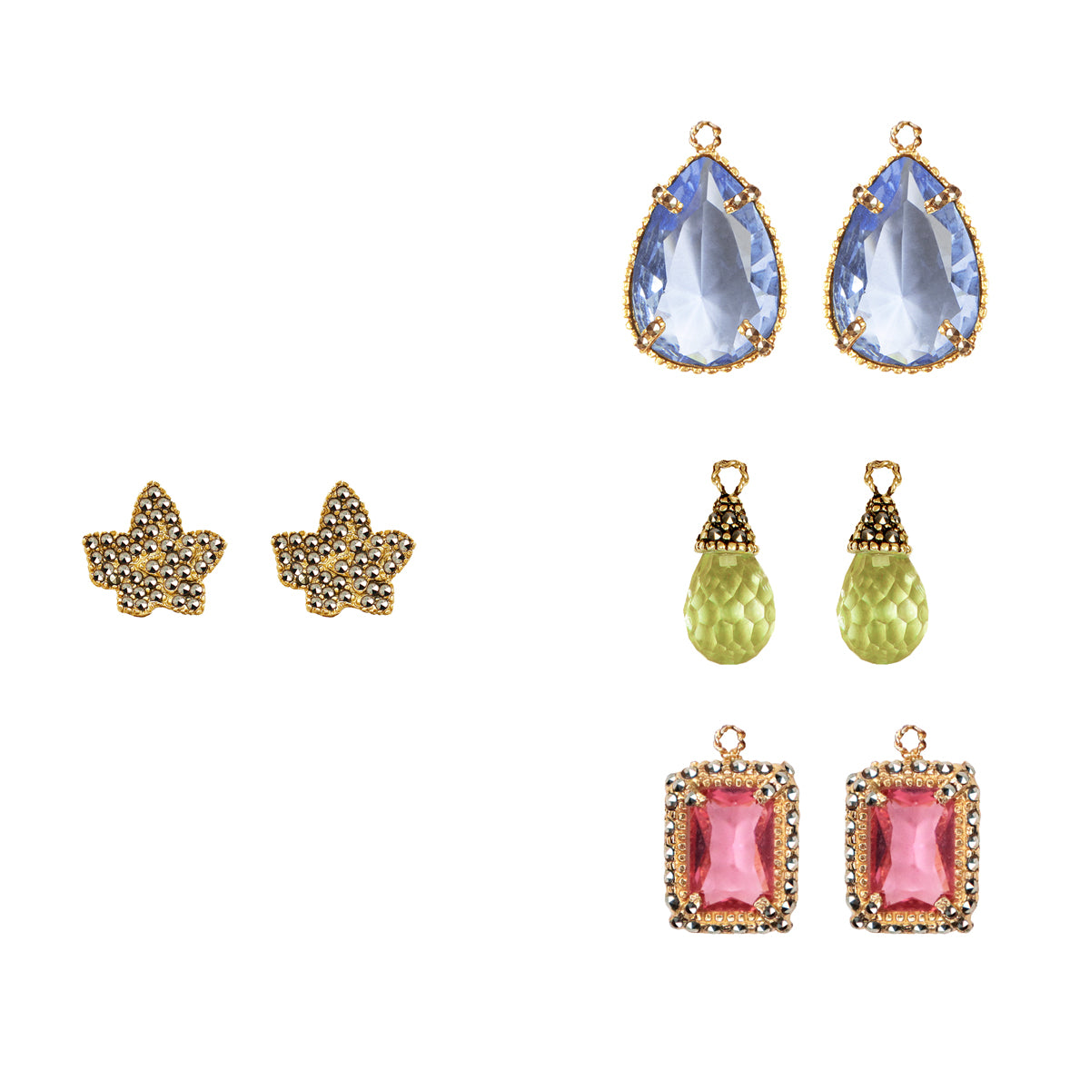 COMBO Hoja Gold Drop Clásico azul, Drop mini square y Drop briolette (LIMITED) Arete + Drop de Joyería Regina Castillo