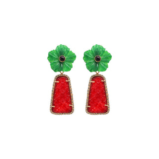 ARETE FLOR CAMELIA VERDE + DROP TRAPEZ JADE ROJO Arete + Drop de Joyería Regina Castillo
