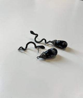 Boucle d'oreille cobra argent détachable + Goutte gourde obsidienne