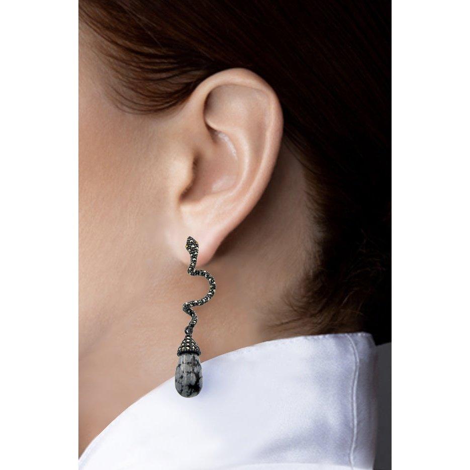 Arete cobra de plata desmontable + Drop calabazo obsidiana Arete + Drop de Joyería Regina Castillo